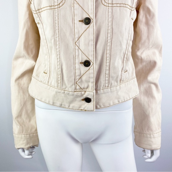 Free People Size M Cream Beige Long Sleeve Button Up Denim Jacket - Picture 2 of 10